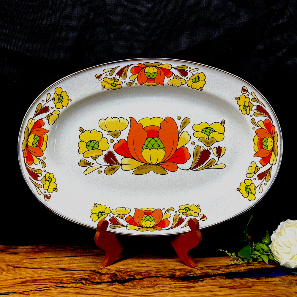 Vintage 1970's Sanko Ware Serving Tray Country Flowers Porcelain Enameled Steel